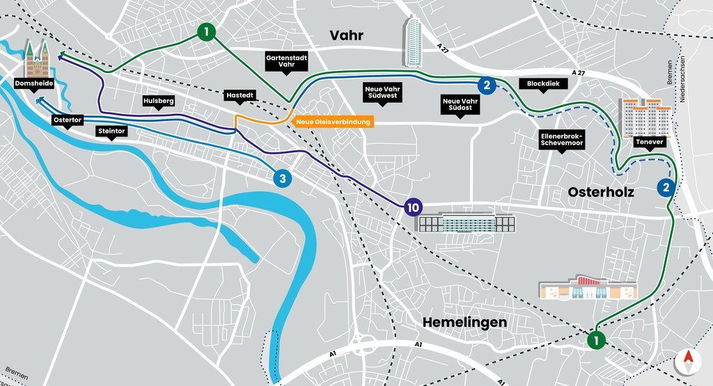 Eine Grafik gibt einen Überblick über die künftige Streckenführung der Linie 2 in Bremen. 