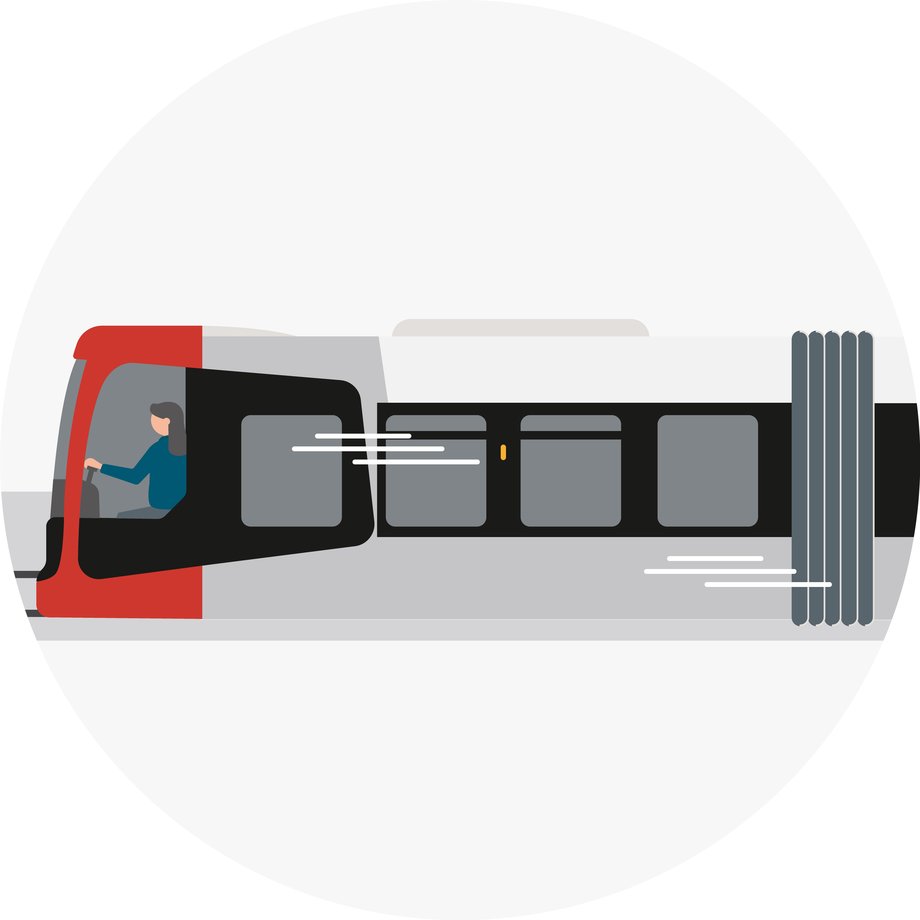 Illustration einer zügig fahrenden Straßenbahn der Linie 2 