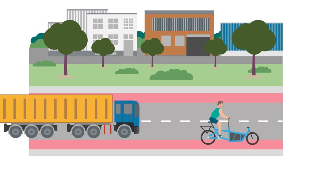 Illustration: Hinter einer Straße mit fahrenden LKW und Lastenrad-Fahrer befindet sich der Hemelinger Hafendamm. 