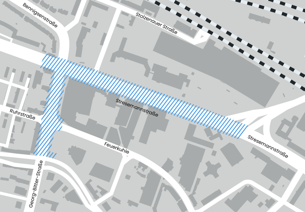 Gesamtüberblick über den Bauabschnitt von hanseWasser zur Kanalsanierung rund um die neue Linie 2 in Bremen. 