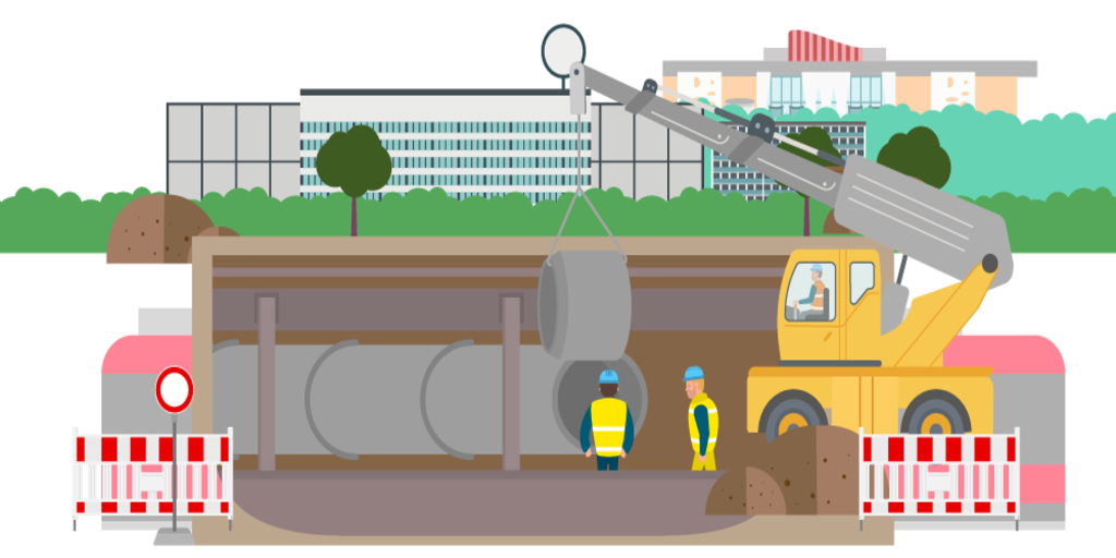 Eine Illustration zeigt Bauarbeiter, die mithilfe eines Krans einen neuen Kanal unter der Straße verlegen. 